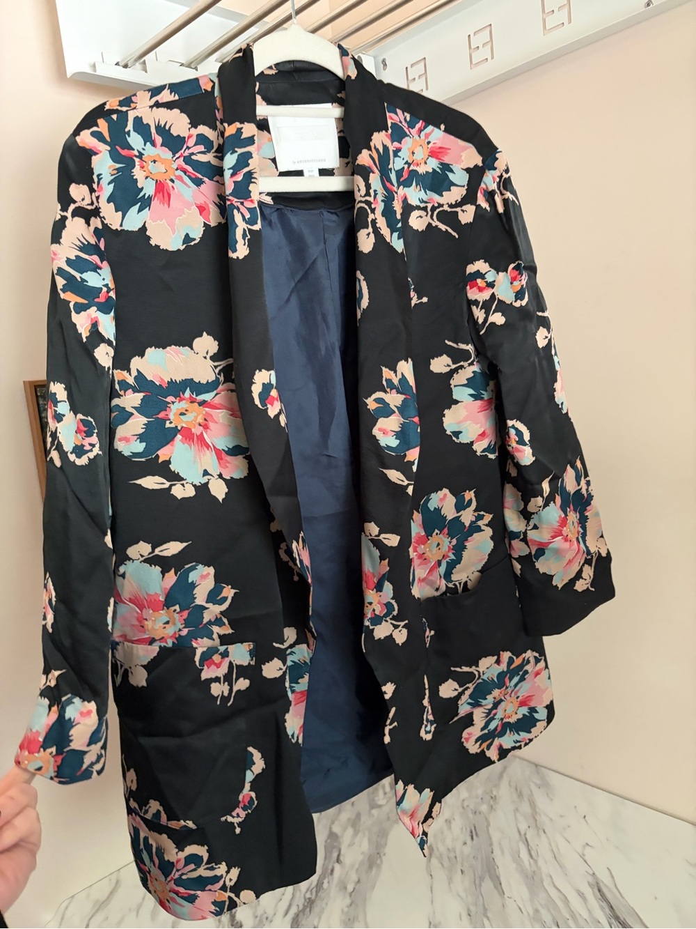 Anthropologie Entwa Floral Open Front Blazer Jacket XSP Black Pink Long Duster⁠